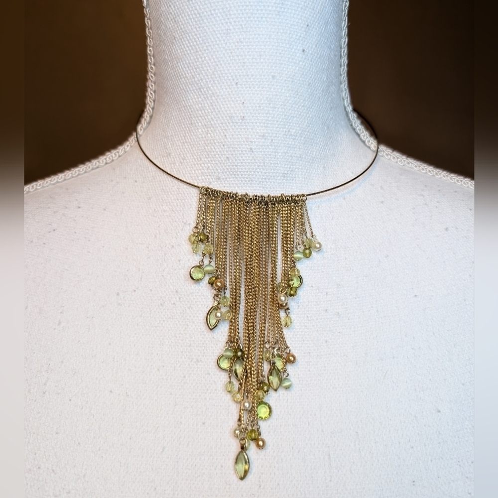 CHARMING CHARLIE peridot and gold multi-strand dainty dangle collar necklace